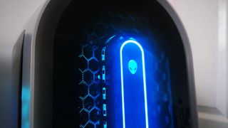 Closeup of Alienware Aurora R15 LED power button