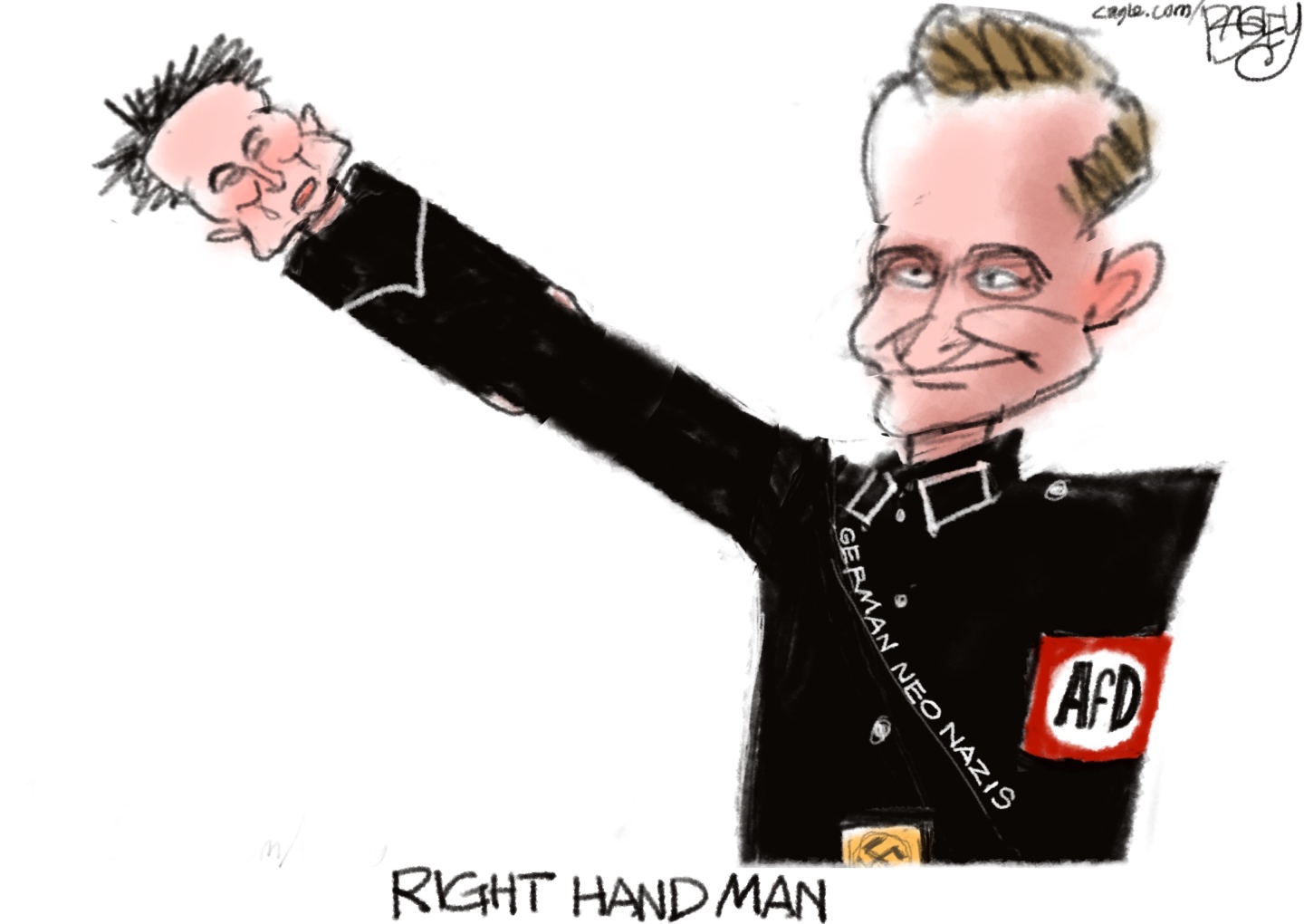 This cartoon is titled &amp;ldquo;Right Hand Man&amp;rdquo;. It depicts a male member of the German far-right AfD party dressed like a Nazi and raising his hand in a Heil-Hitler style salute. His right hand has been replaced by Elon Musk's face.