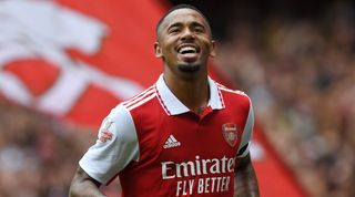 Arsenal striker Gabriel Jesus celebrates after scoring a hat-trick for Arsenal in the Emirates Cup.
