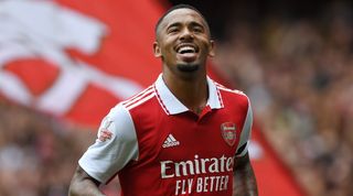 Arsenal striker Gabriel Jesus celebrates after scoring a hat-trick against Sevilla in the Emirates Cup.