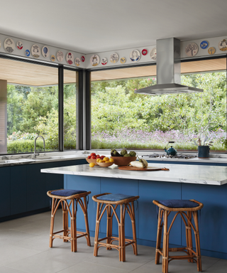 blue modern kitchen with marble top