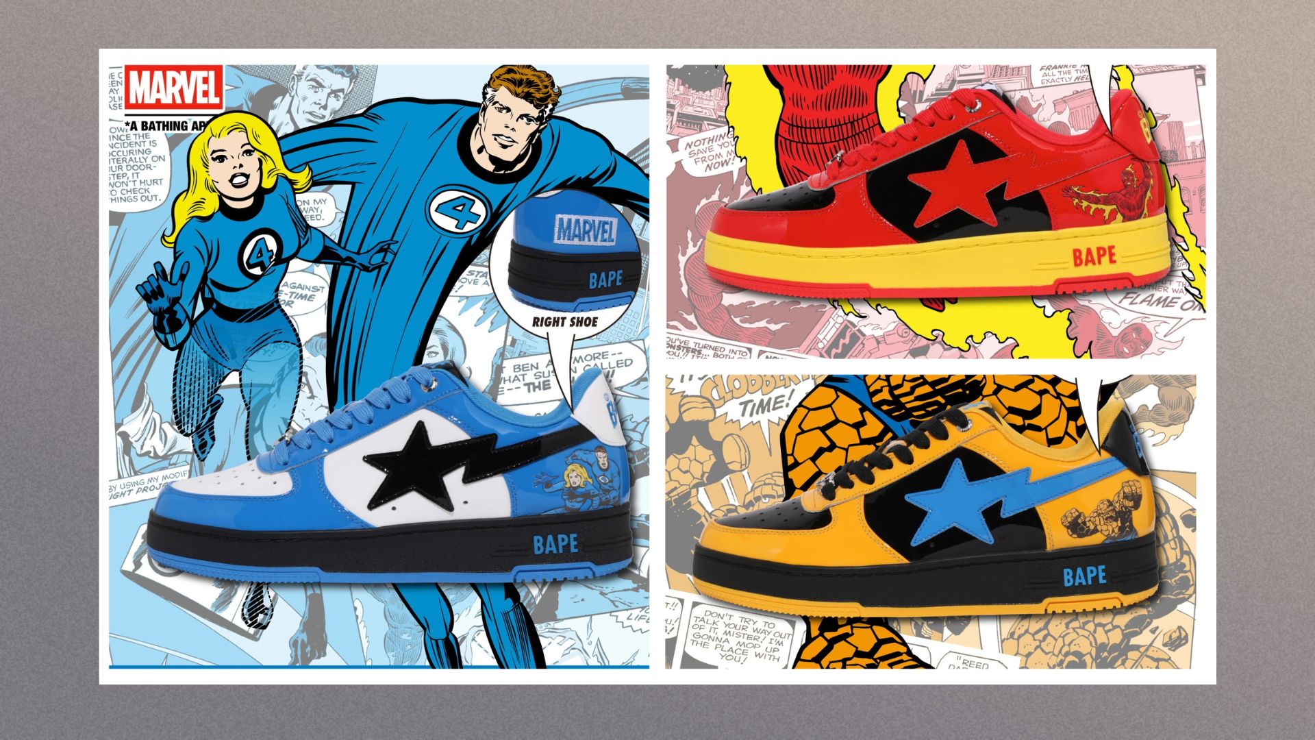 Bape Fantastic Four collection sliced together showing off three different trainers on a grey background