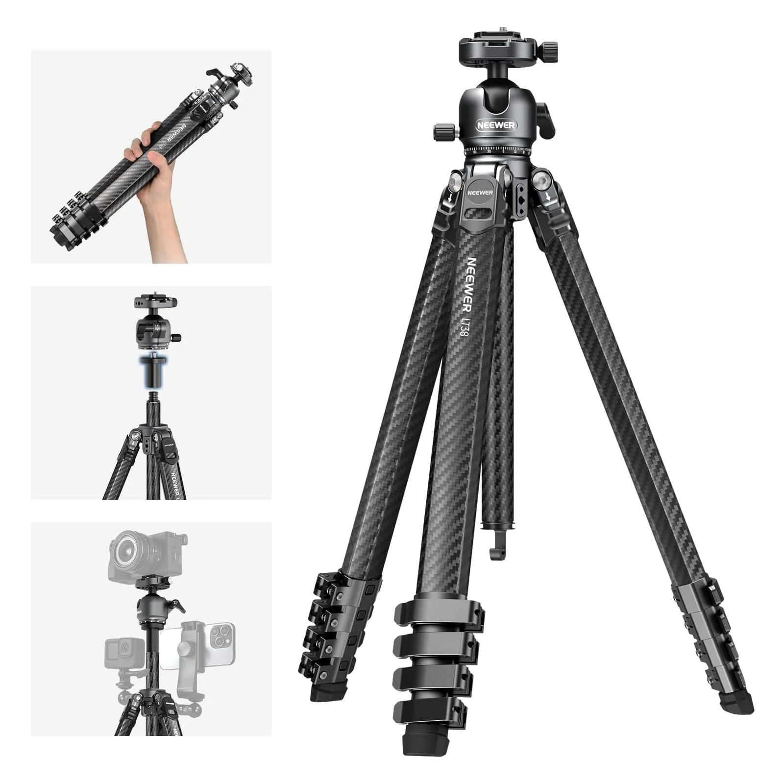 Neewer LiteTrip LT38 travel tripod on white background with insets showing details