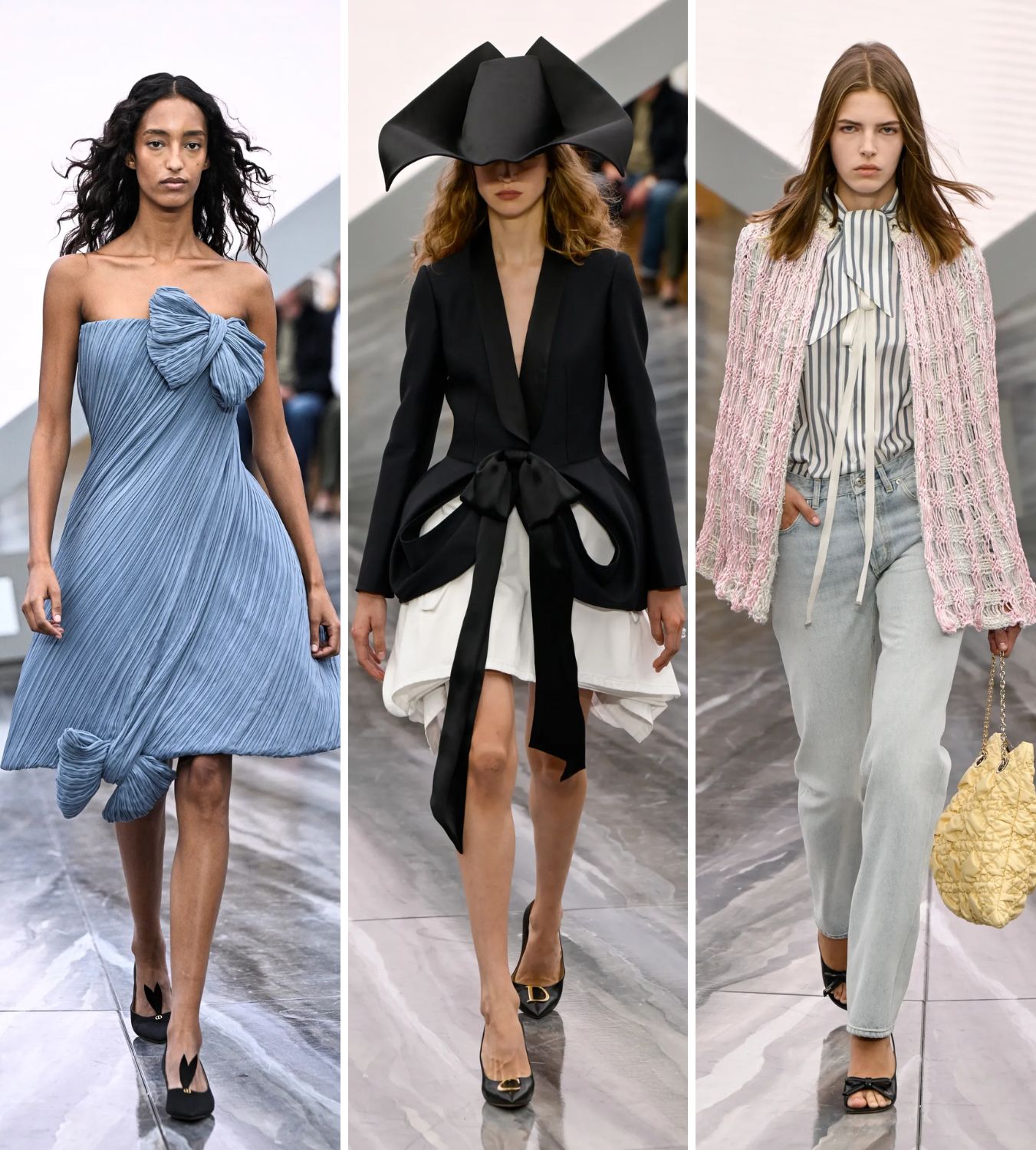 three models on the catwalk at jonathan anderson's dior debut for ss26