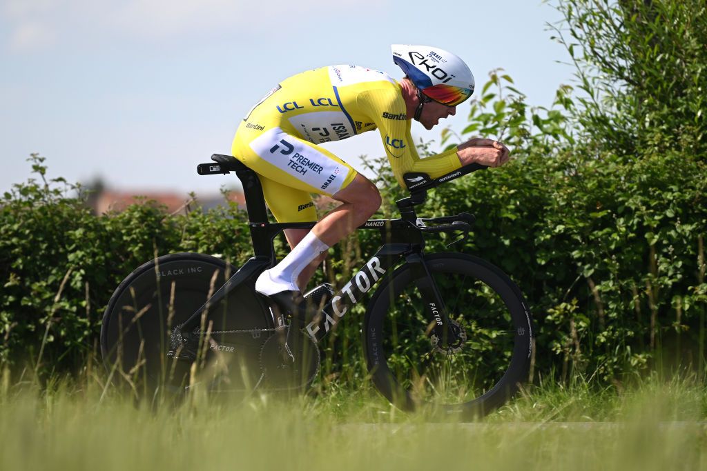 NEULISE FRANCE JUNE 05 EDITORS NOTE Alternate crop Derek Gee of Canada and Team IsraelPremier Tech Yellow Leader Jersey sprints during the 76th Criterium du Dauphine 2024 Stage 4 a 344km individual time trial at stage from SaintGermainLaval to Neulise 552m UCIWT on June 05 2024 in Neulise France Photo by Dario BelingheriGetty Images