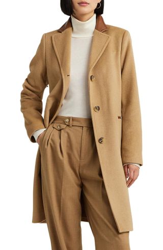 Faux Leather Trim Wool Blend Longline Coat
