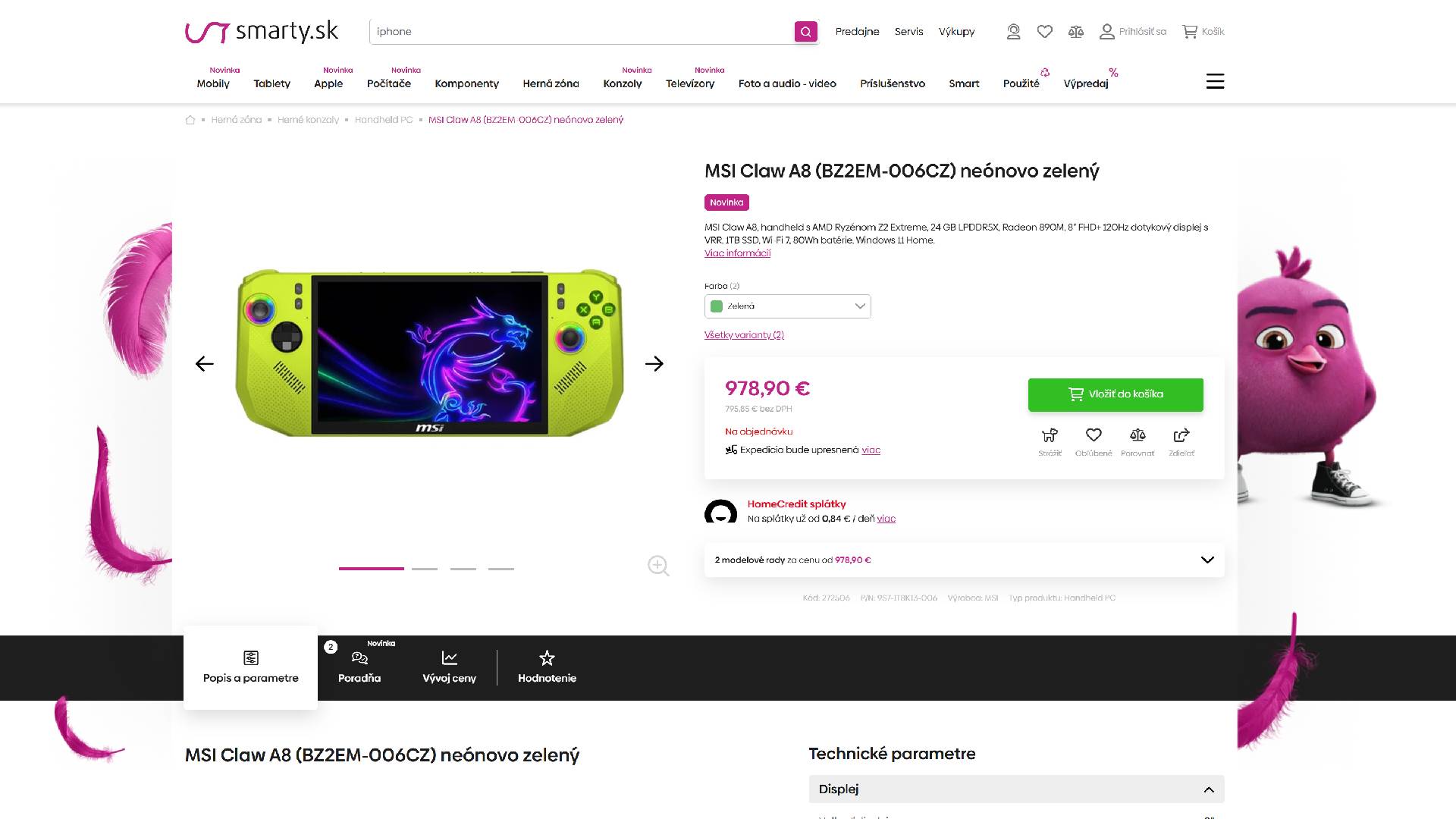 Smart.sk retail page for MSI Claw A8 in green with image on left and price details on right.