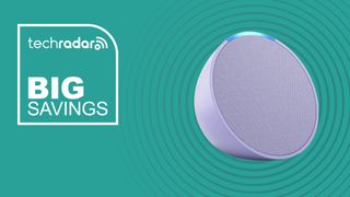 A lavender Echo Pop in front of a teal background that features the words 'Big savings'.