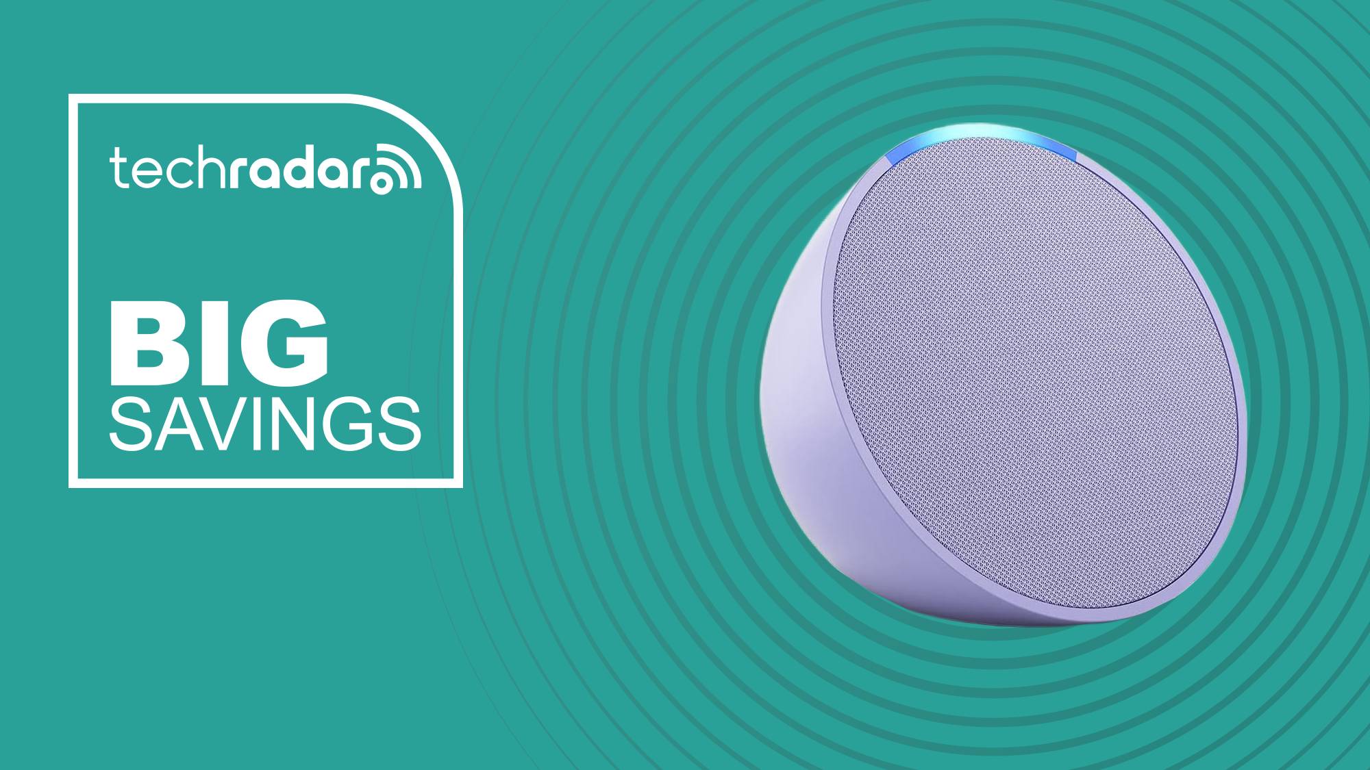 A lavender Echo Pop in front of a teal background that features the words &#039;Big savings&#039;.