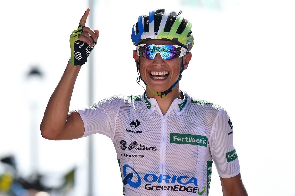 Esteban Chaves enjoying one of his two Vuelta stage wins in 2015