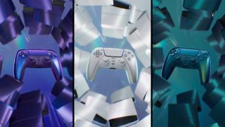 The Sony PS5 Chroma Collection DualSense controllers on corresponding backgrounds