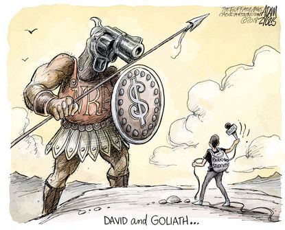 Political cartoon U.S. Parkland shooting students NRA gun violence David and Goliath