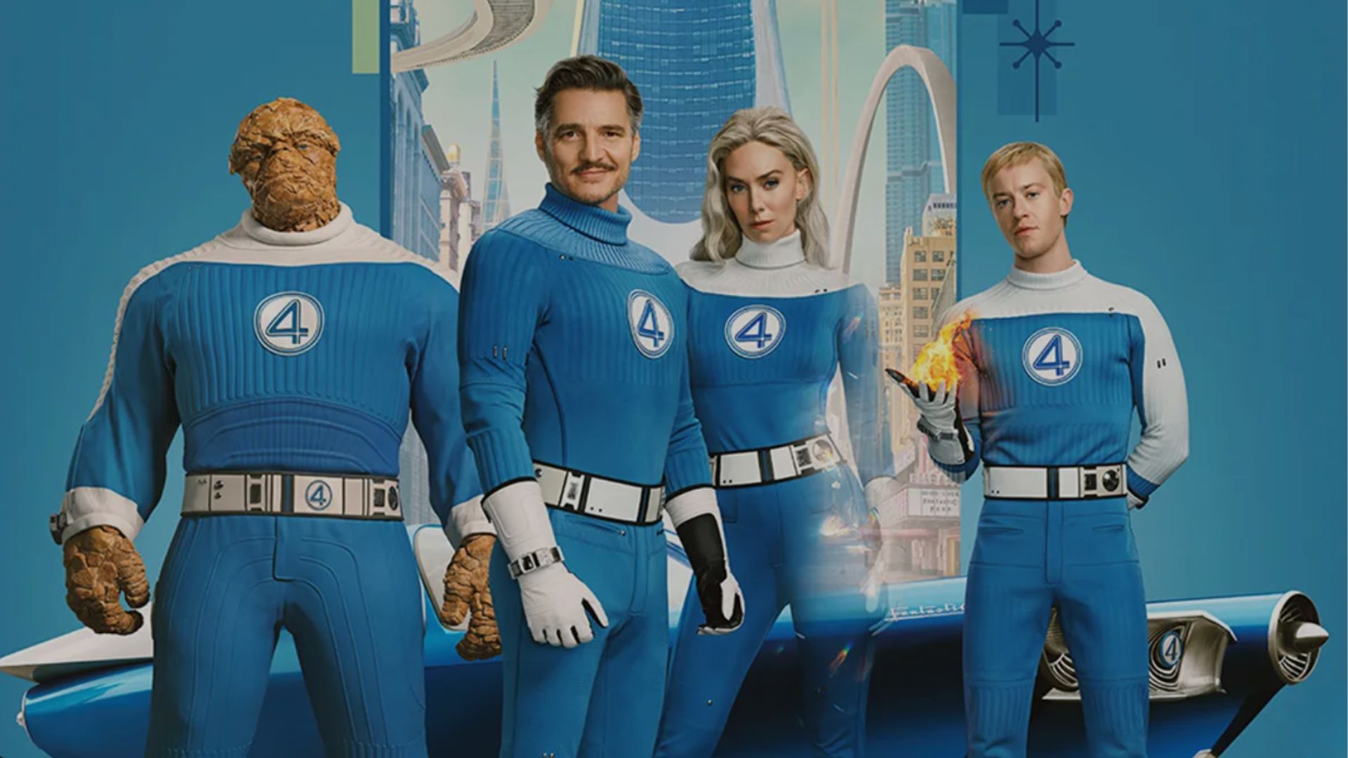 an image of the poster for the new fantastic four movie showing The Thing, Mr Fantastic, The Invisible Woman, and The Human Torch, all in their F4 jumpsuits