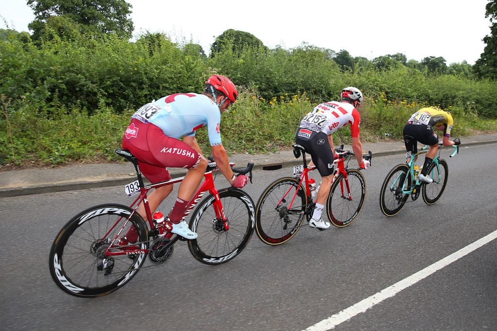 Alex Dowsett, Stan Dewulf and Pascal Eenkhoorn in the early breakaway at RideLondon.