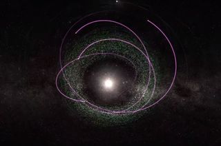 A still shot from a European Space Agency video showcasing the orbits of four asteroids (pink) discovered by the agency's Gaia spacecraft between December 2018 and February 2019. 