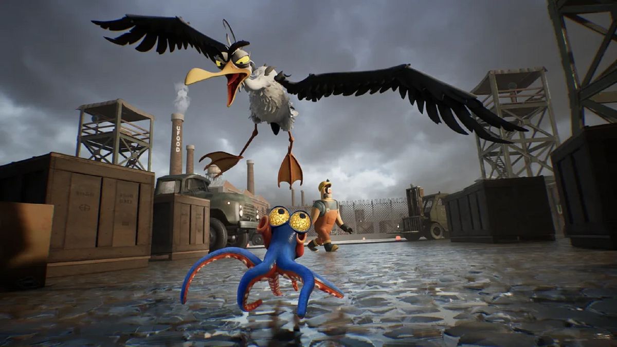 Darwin&#039;s Paradox screenshot showing a blue octopus called Darwin running away from a seagull flying above 