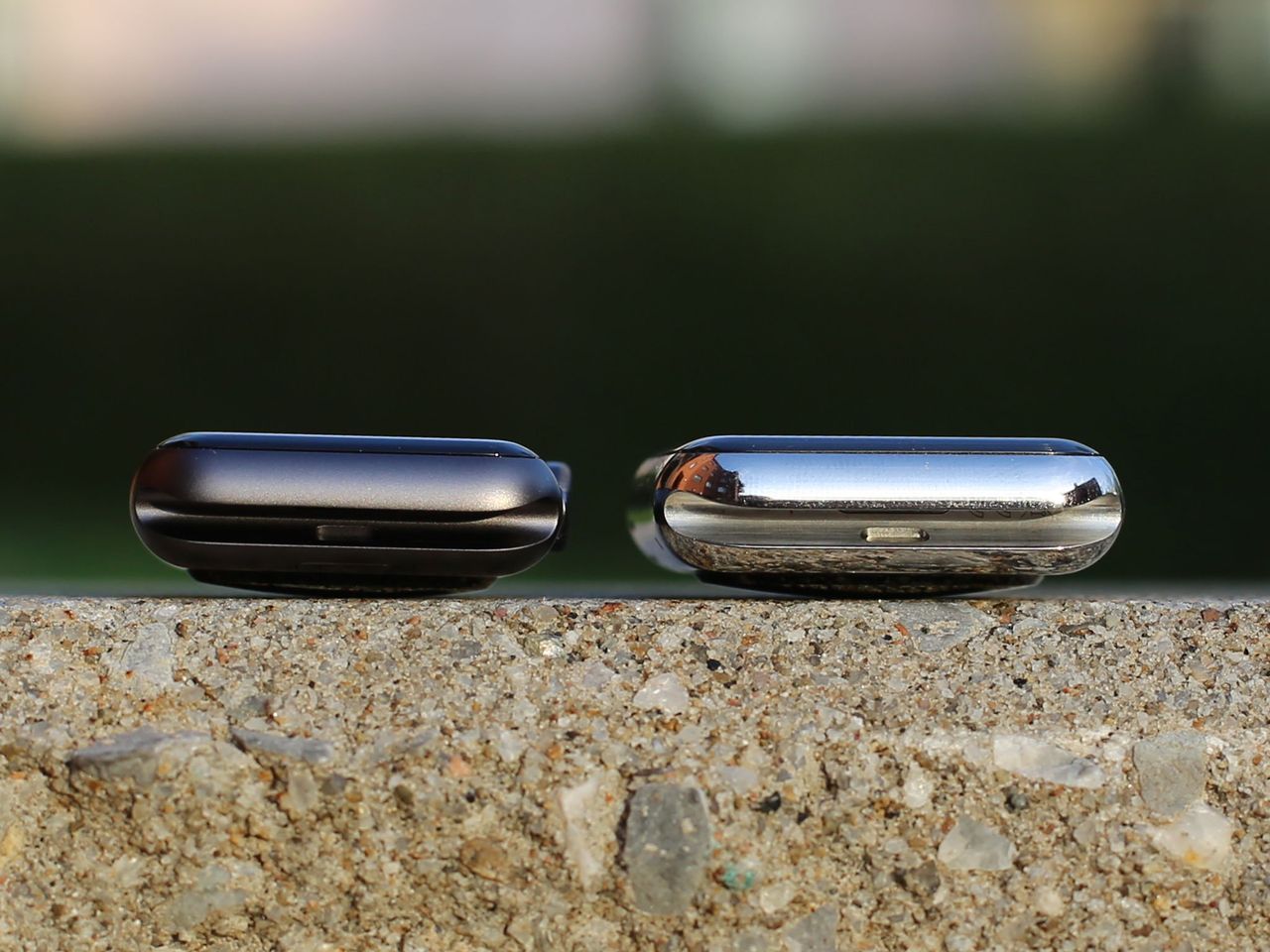 Space Black Sport case and Silver Stainless Steel case from the bottom