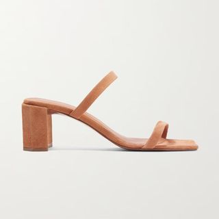 By Far suede tan mules with block heel