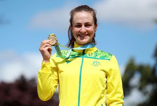 WOLVERHAMPTON ENGLAND AUGUST 04 Gold Medalist Grace Brown of Team Australia celebrates with their medal during the Womens Individual Time Trial medal ceremony on day seven of the Birmingham 2022 Commonwealth Games at on August 04 2022 in Wolverhampton England Photo by Alex LiveseyGetty Images