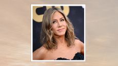 Jennifer Aniston is pictured with wavy hair whilst attending the 29th Annual Critics Choice Awards at Barker Hangar on January 14, 2024 in Santa Monica, California/ in a beige and grey sunset-style template