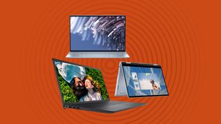 Collage of Dell XPS and Inspiron laptops on an orange background