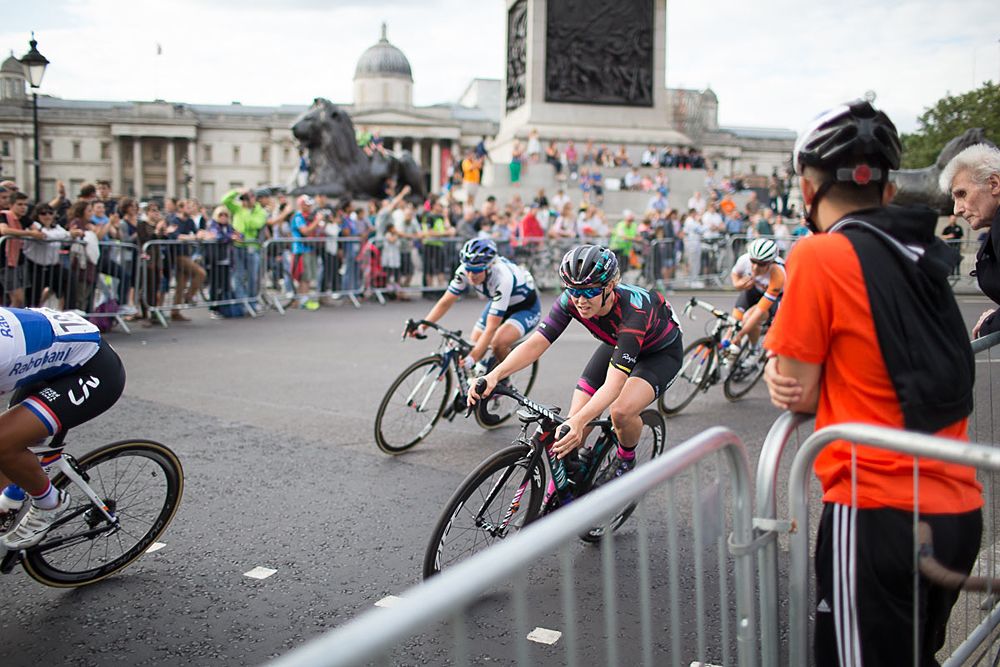 Tiffany Cromwell (AUS) of CANYON//SRAM Racing leans into a corner at Trafalgar Square during the Prudential RideLondon Classique