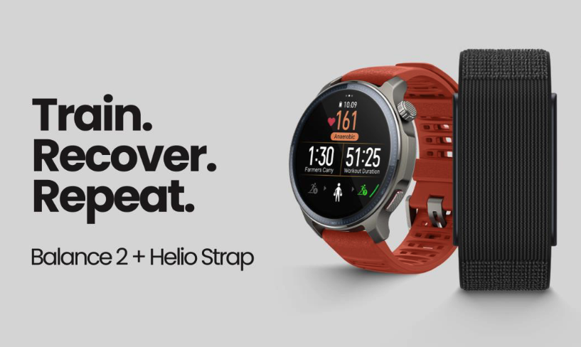 The new Amazfit Balance 2 smartwatch next to the new Amazfit Helio fitness band