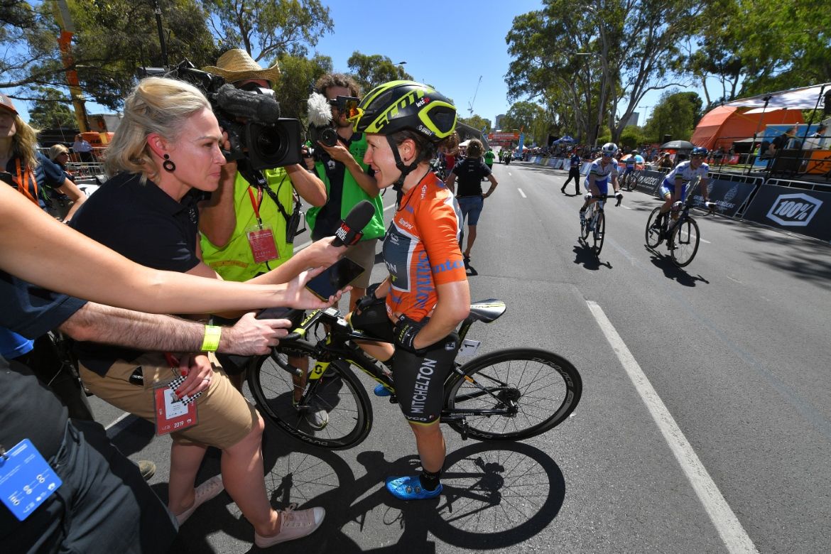Amanda Spratt in the leader's jersey at the Tour Down Under.