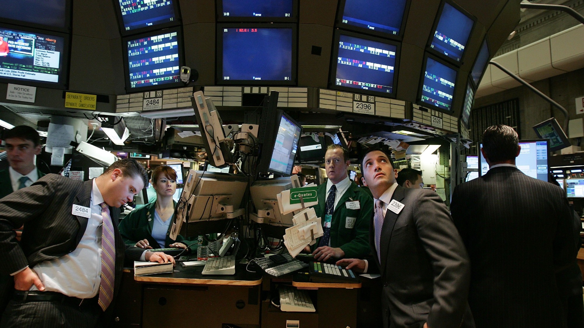 Traders wait for news on the floor of the New York Stock Exchange (NYSE) on the fed rate May 10, 2006 in New York City.