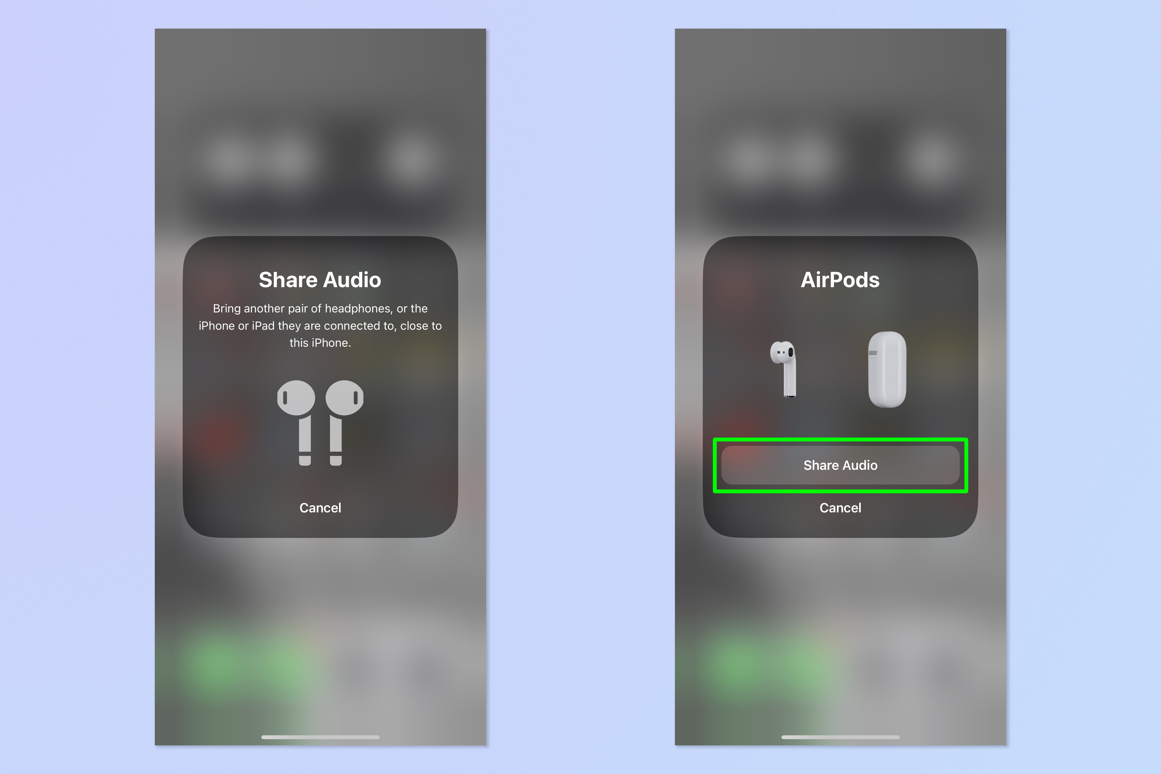 Снимок экрана, показывающий, как поделиться звуком с несколькими наушниками на iPhone.
