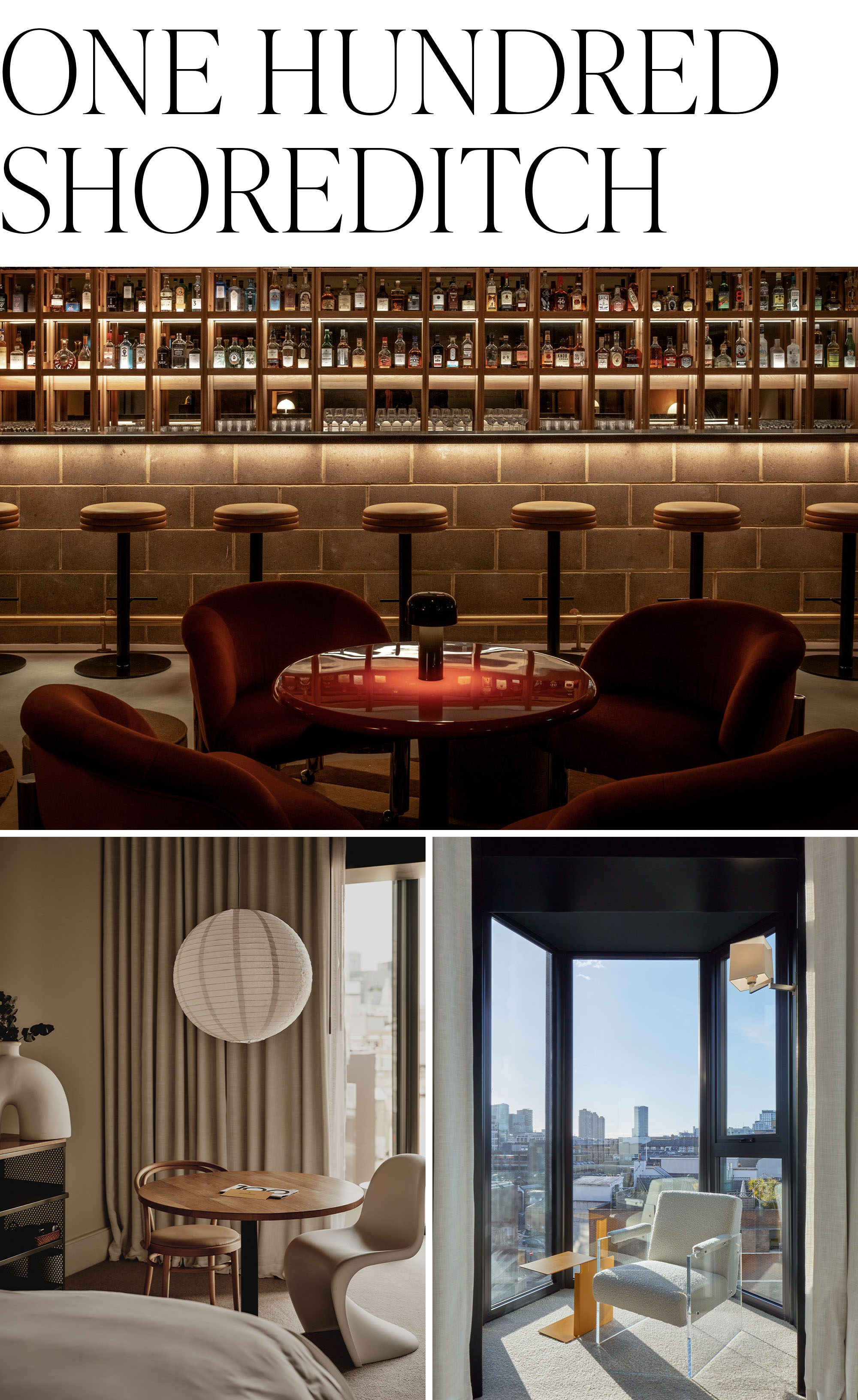 Interiors at the One Hundred Shoreditch Hotel in London. Top photo is inside Seed Library bar. The bottom photos show two rooms.