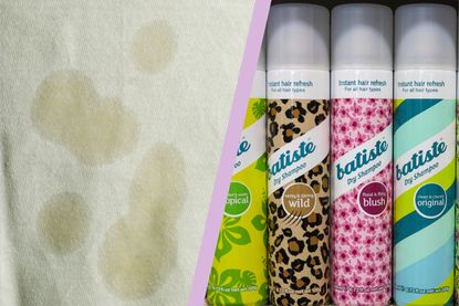 a split template showing oil stains on clothing and two bottles of Batiste dry shampoo