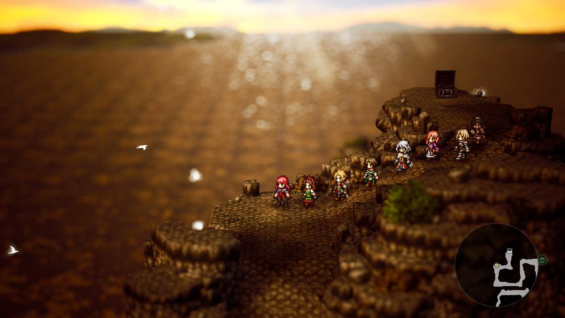 Octopath Traveler 0 screenshot shows a party of eight characters exploring a coastal area at sunset.