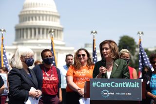 Nancy Pelosi at a rally for paid leave