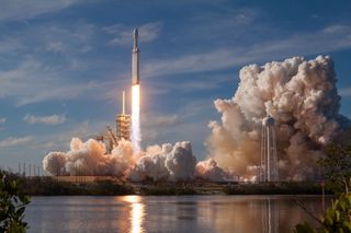SpaceX's first Falcon Heavy rocket launches from Pad 39A of NASA's Kennedy Space Center on Feb. 6, 2018. It was the debut flight for the heavy-lift rocket.