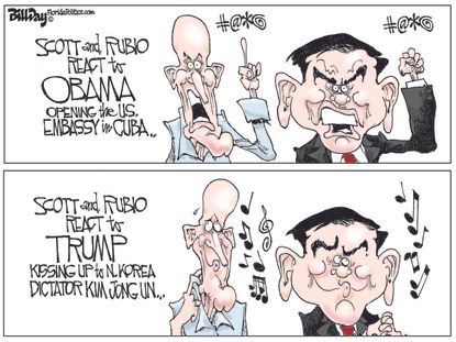 Political Cartoon U.S. Rick Scott Marco Rubio Obama embassy Cuba U.S. Kim Jong Un Trump North Korea Singapore nuclear summit