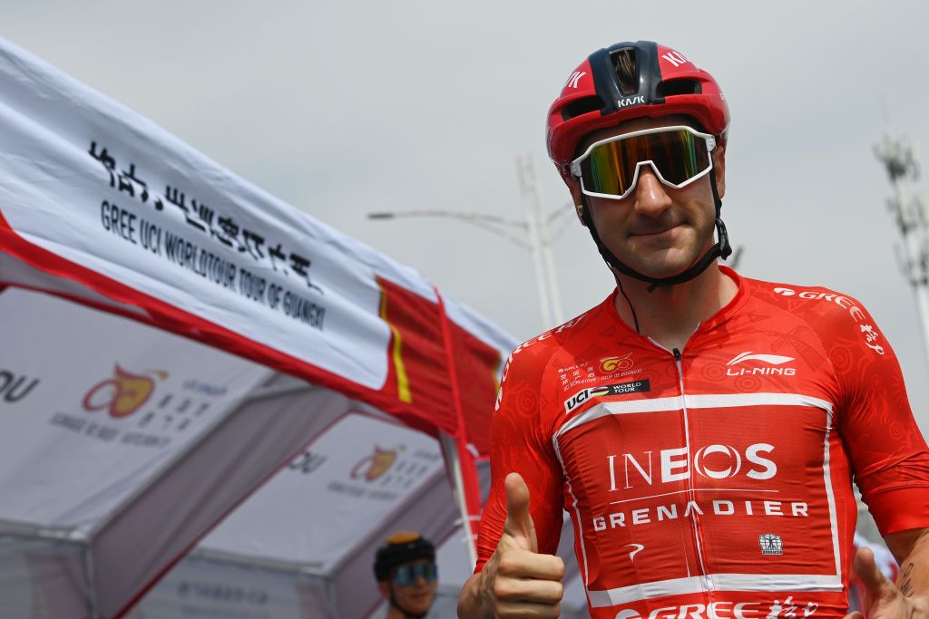 BEIHAI CHINA OCTOBER 13 Elia Viviani of Italy and Team INEOS Grenadiers Red Leader Jersey prior to the 4th GreeTour of Guangxi 2023 Stage 2 a 1496km stage from Beihai to Qinzhou UCIWT on October 13 2023 in Beihai China Photo by Tim de WaeleGetty Images