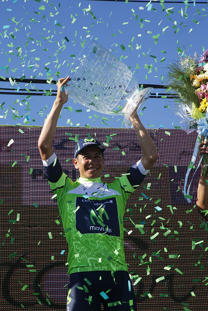 Dayer Quintana (Movistar) celebrates his overall victory at the Tour de San Luis