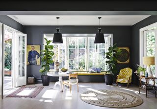 grey brown and yellow transitional style living room