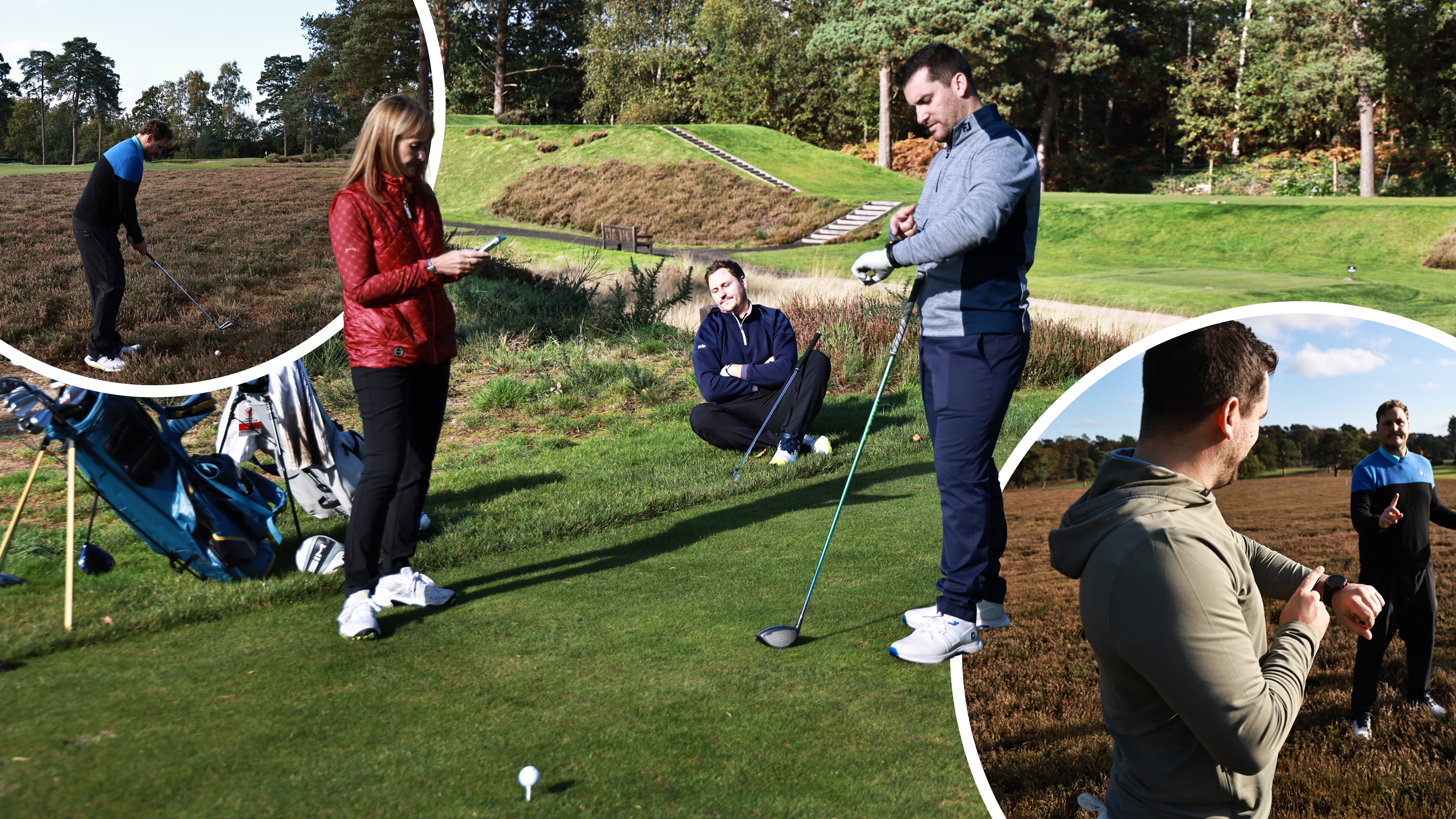 Sam De&#039;Ath, Nick Bonfield and Alison Root on the tee box at West Hill Golf Club, with Sam De&#039;Ath checking his watch to indicate slow play ahead, Nick Bonfield sitting on the ground in frustration at slow play and Alison Root on her phone to pass the time, with inset images of Sam De&#039;Ath reminding Nick Bonfield of the three minute golf ball search rule and another inset image of Nick Bonfield hitting a shot out of thick gorse rough