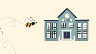 Back-to-school jokes illustrated by a graphic of a bee and a school building