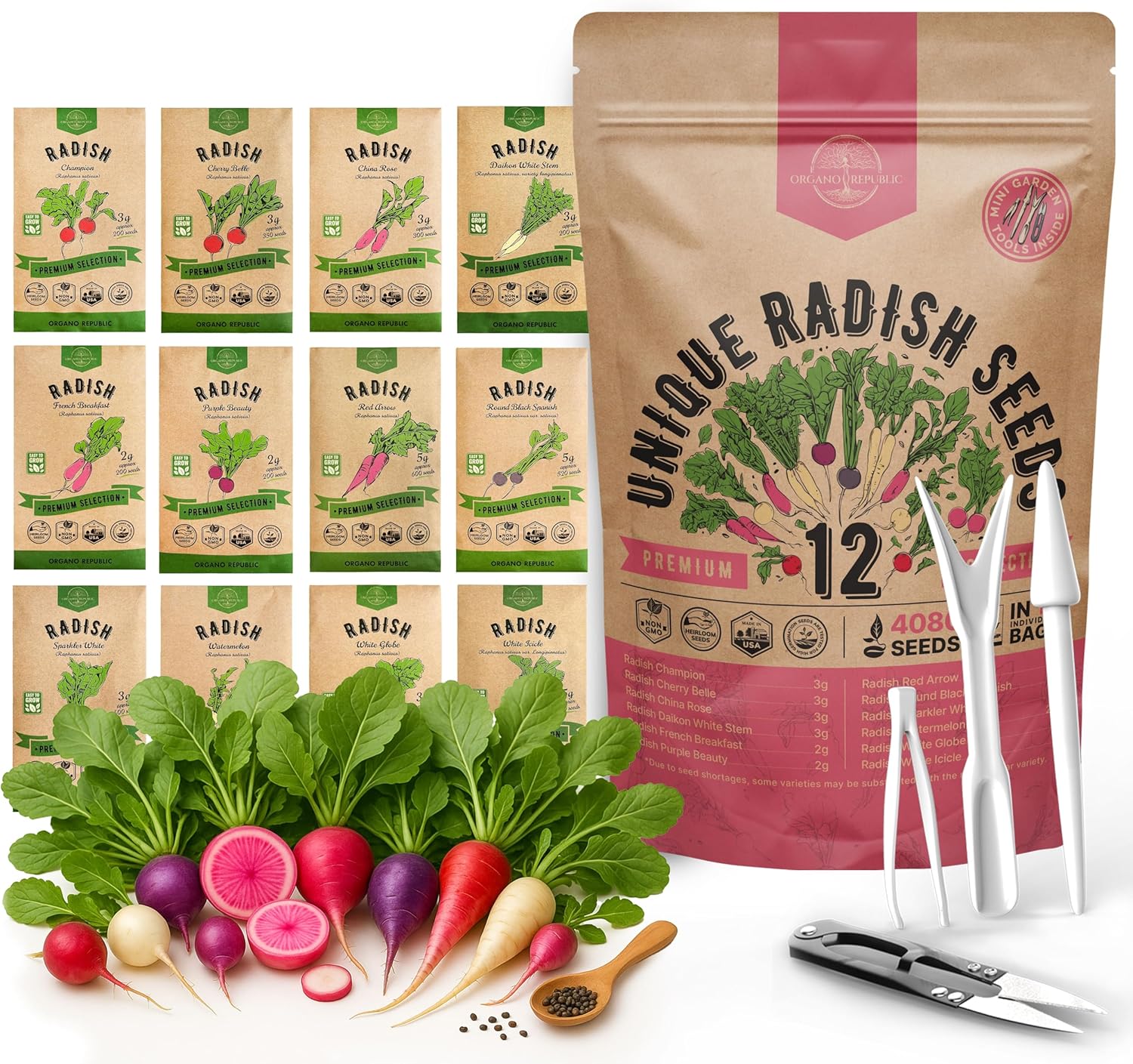 Organo Republic 12 Radish Seeds Variety Pack for Indoor &amp;amp; Outdoors 2400+ Heirloom Non-Gmo Radish Garden Seeds: Daikon, Cherry Belle, French, Breakfast, Champion, Purple, Watermelon Radishes Seeds