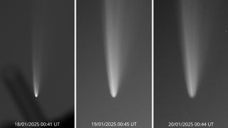 Side-by-side photos of the comet across three days showing changes in its shape and brightness