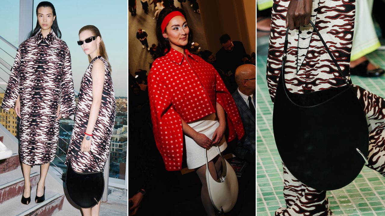 a collage of tory burch models and celebrity lola tung carrying the pierced bag