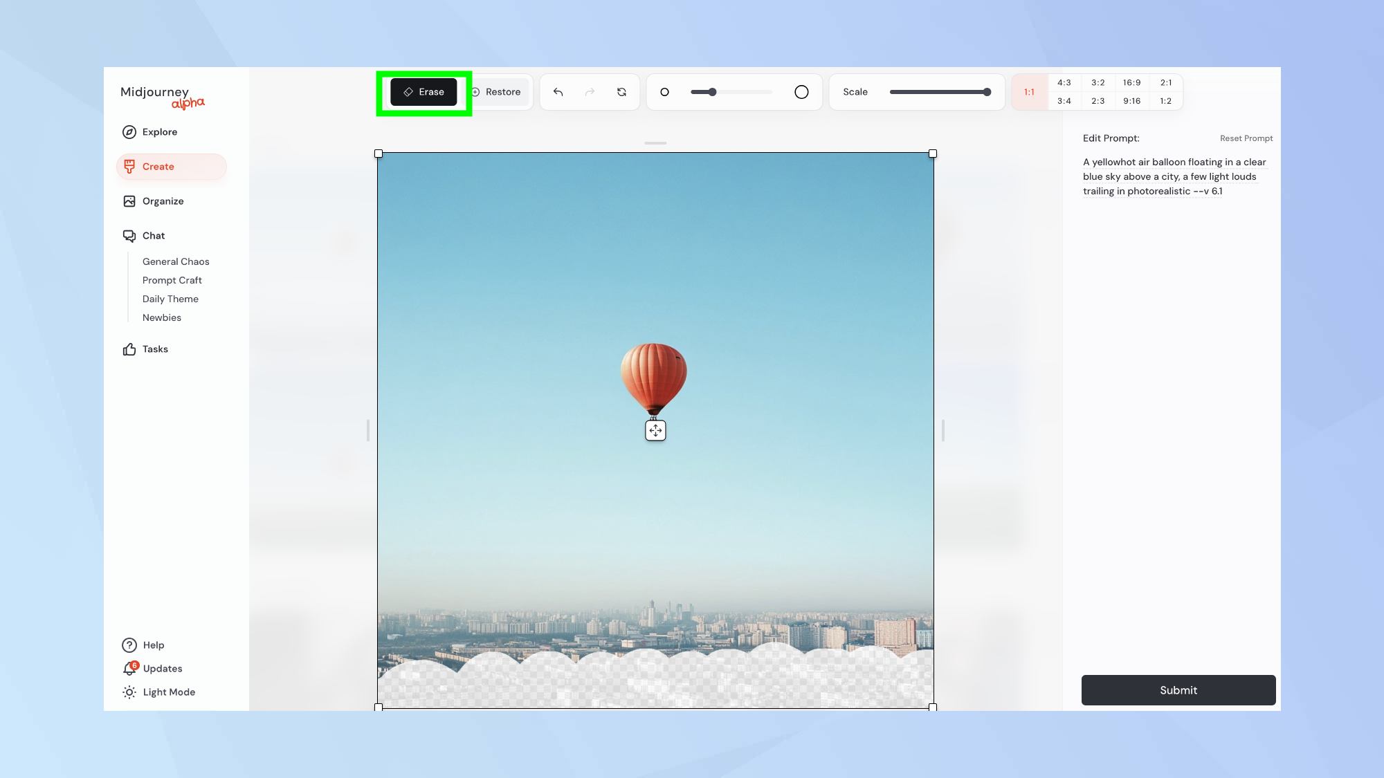 Midjourney Editor erase feature 
