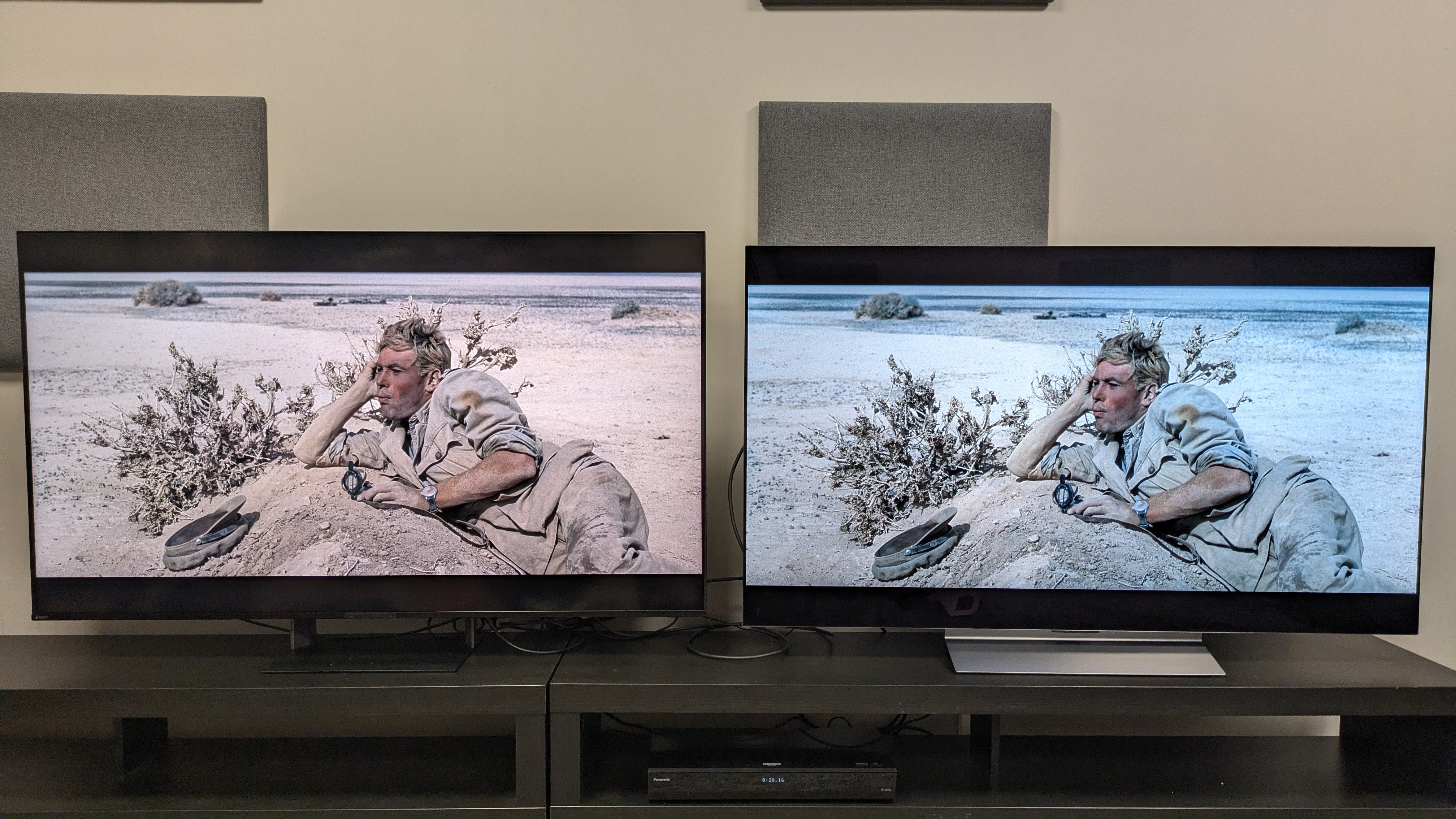 Sony Bravia 7 II (left) vs LG C6 (right) showing Lawrence resting on a rock from Lawrence of Arabia