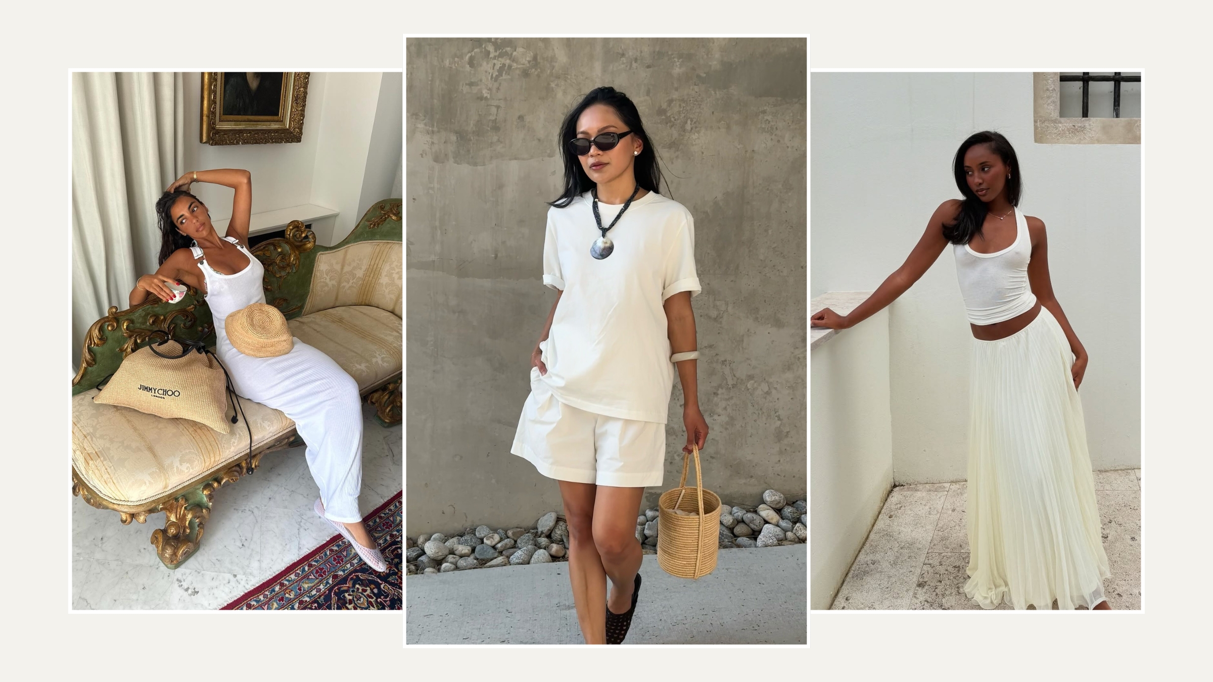 A collage of three women wearing all-white summer outfits.