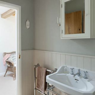 simple white bathroom with tongue and groove panels