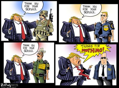 Political cartoon U.S. Trump veterans military FBI