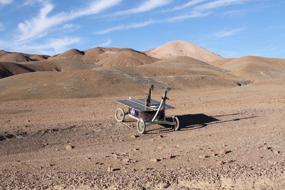 A trial rover exploring Chile&#039;s Mars-like Atacama Desert.